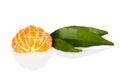 Half of mandarine tangerine with leaves on white with grey reflection