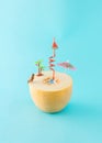 Half a melon with a blue drink in the middle and a red straw, umbrella, palm tree and bird. Minimal summer concept on a blue Royalty Free Stock Photo