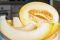 Half melon and melon slices on white plate close Royalty Free Stock Photo