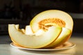 Half melon and melon slices on white plate close Royalty Free Stock Photo