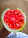 Half melon part in boy's hand on gray background Royalty Free Stock Photo