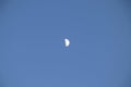 Half moon on a blue sky in the afternoon close-up. Small month on a monophonic background with white clouds Royalty Free Stock Photo