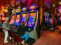 Half Moon Cay island, Bahamas - December 4, 2019: Casino interior, gaming slot machines, American gambling, cruise liner