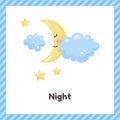 Half moon and cloud. Cute weather night for kids. Flash card for learning with children in preschool, kindergarten and