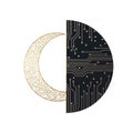 Vector art of a half moon design with intricate patterns and a circuit board pattern, symbolizing technology and tradition, modern Royalty Free Stock Photo