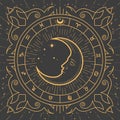 Half-moon inside ornamental frame, magic crescent in tarot style, zodiac signs and esoteric patterns, astrology mystic frame