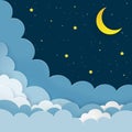 Half moon, stars, clouds on the dark night starry sky background. Galaxy background with crescent moon and stars.