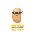 Half ninja half potato character with black super hero mask. super ninja kawaii vegetable food character for printing on