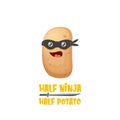 Half ninja half potato character with black super hero mask. super ninja kawaii vegetable food character for printing on