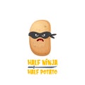 Half ninja half potato character with black super hero mask. super ninja kawaii vegetable food character for printing on