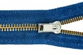 Half open blue metallic zipper on white Royalty Free Stock Photo