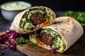 half-open falafel wrap showing the delicious filling