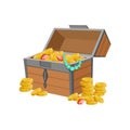 Half Open Pirate Chest With Golden Coins And Jewelry, Hidden Treasure And Riches For Reward In Flash Came Design