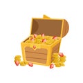 Half Open Pirate Chest With Golden Coins And Rubies, Hidden Treasure And Riches For Reward In Flash Came Design