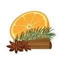 Half an orange, cinnamon sticks, anis illustration and a pine branch