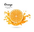 half orange front view fall into impact with orange juice causing a wide splash of water