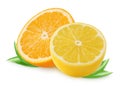 Half orange and lemon isolated on white background, clipping path. Royalty Free Stock Photo