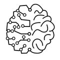 Half organic human brain enhanced with artificial intelligence. Simple line icon drawing f