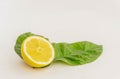 Half Organic Lemon with two lemon tree leaves isolated on white. Close up view. Fresh summer