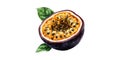 Half Passion Fruit With Leaves Illustration. Exotic Tropical Fruit And Culinary Ingredient Isolated On Transparent Royalty Free Stock Photo