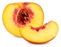 The half of peach fruit in the cut and a slice of fresh peach isolated on white background Royalty Free Stock Photo