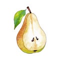 Half pear with a leaf, isolated fruit in red and yellow, watercolor illustration on white background Royalty Free Stock Photo