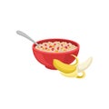 Half-peeled banana and bowl of oatmeal porridge with spoon. Healthy breakfast. Tasty food. Flat vector design