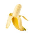 Half Peeled Banana isolated on white background with clipping path, full depth of field. Royalty Free Stock Photo