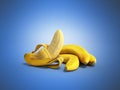 Half peeled Banana Open Banana 3d render on blue background Royalty Free Stock Photo