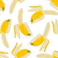 Half peeled banana seamless pattern on white background. Tropical fruit