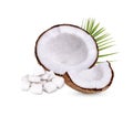 Half-peeled coconut with leaves isolated on white background Royalty Free Stock Photo