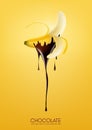 Half peeled ripe banana dipped in melting dark chocolate, fruit, fondue recipe concept, transparent, Vector illustration