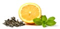 Half pieced lemon, fresh mint and dry black tea leaves isolated Royalty Free Stock Photo