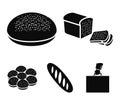 Half with pieces, round rye bread, croissant bun, loaf. Bread set collection icons in black style vector symbol stock