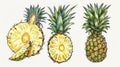 The half of a pineapple and one of its round slices, and a piece of its wedge. Exotic tropical fruits, vintage sketch Royalty Free Stock Photo