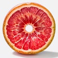 Half of a pink grapefruit has been isolated on a white background.