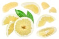half of pomelo with slice and leaf isolated on white background. Top view. Flat lay. Royalty Free Stock Photo