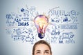 Half portrait of businesswoman looking up at colorful lightbulb
