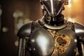 Half portrait with view of torso of cyborg with plate armor, which has areas with many small gears, made with generative AI