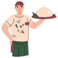 Half-portrait of waiter with tray, cartoon flat vector illustration isolated