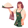 Half-portrait of waitress cartoon character with tray, flat vector illustration isolated