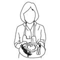 Half portrait of woman holding dish with cup cake vector illustration sketch doodle hand drawn with black lines isolated on white