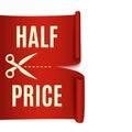Half price discount, red realistic ribbon, advertisement, big sa Royalty Free Stock Photo