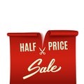 Half price discount, red realistic ribbon, advertisement, big sa Royalty Free Stock Photo