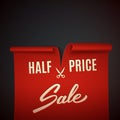 Half price discount, red realistic ribbon, advertisement, big sa Royalty Free Stock Photo