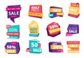 Half price emblem. Mega sale promotional advertizing badges special offers event tags vector set