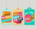 Half price hanging label. Special sale paper vintage 3d tags for off 50 promo isolated on transparent bacrground vector Royalty Free Stock Photo