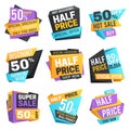 Half price labels. Super 50 off discount sale pricing tags. Vector set Royalty Free Stock Photo