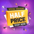 Half price sale banner. Hot super offer, 50 off discount. Big savings vector promotion flye Royalty Free Stock Photo