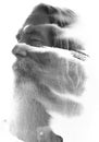 A half-profile paintography portrait of an old bearded man in double exposure Royalty Free Stock Photo
